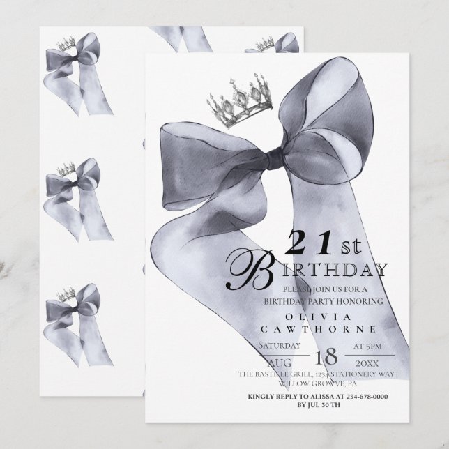 Elegant Modern Black Bow Birthday Party  Einladung (Vorne/Hinten)