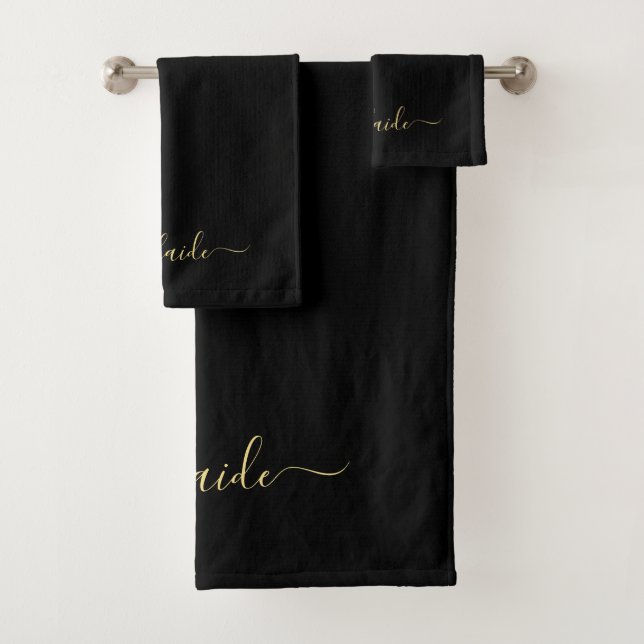 Elegant Modern Black Gold Monogram Name Scrip Badhandtuch Set (Insitu)