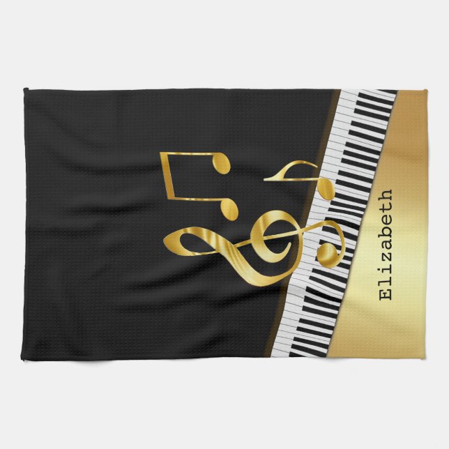 Elegant Modern Black Gold Music Notes,Piano Keys   Geschirrtuch (Horizontal)