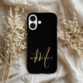 Elegant Modern Black Gold Script Monogram iPhone 16 Hülle