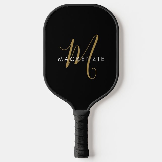 Elegant Modern Black Gold Script Monogram Pickleball Schläger (Vorderseite)
