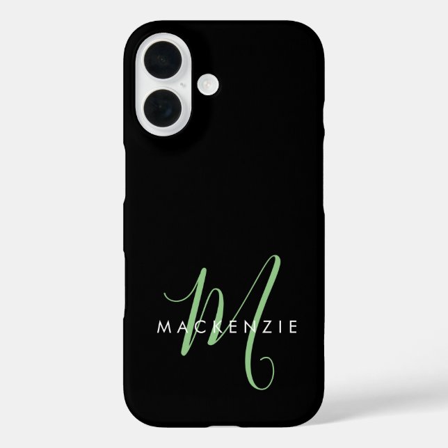 Elegant Modern Black Green Script Monogram iPhone 16 Hülle (Rückseite)