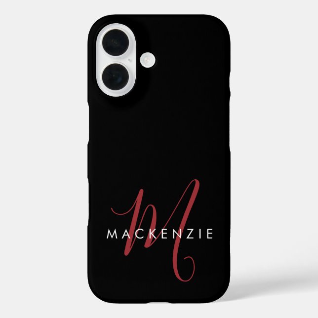 Elegant Modern Black Red Script Monogram iPhone 16 Hülle (Rückseite)