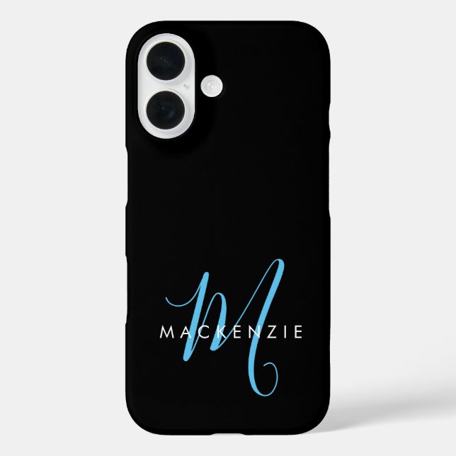 Elegant Modern Black Sky Blue Script Monogram iPhone 16 Hülle (Rückseite)