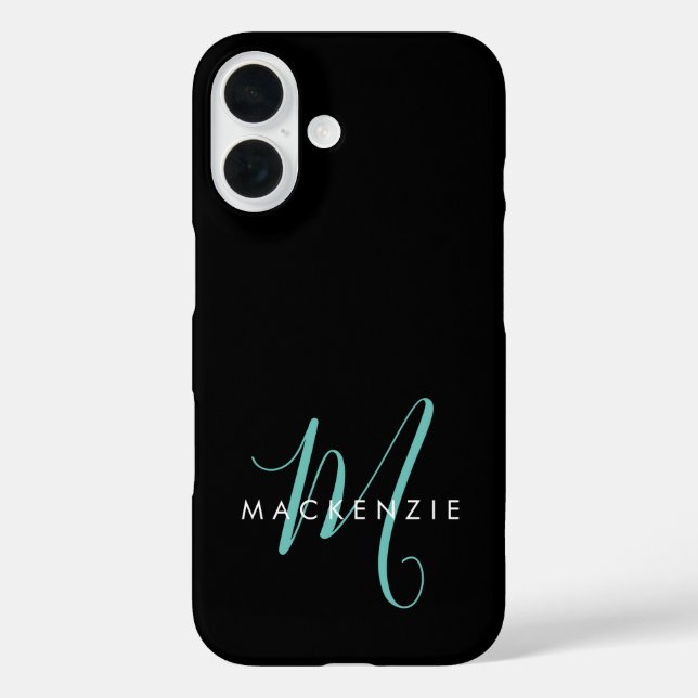 Elegant Modern Black Teal Script Monogram iPhone 16 Hülle (Rückseite)