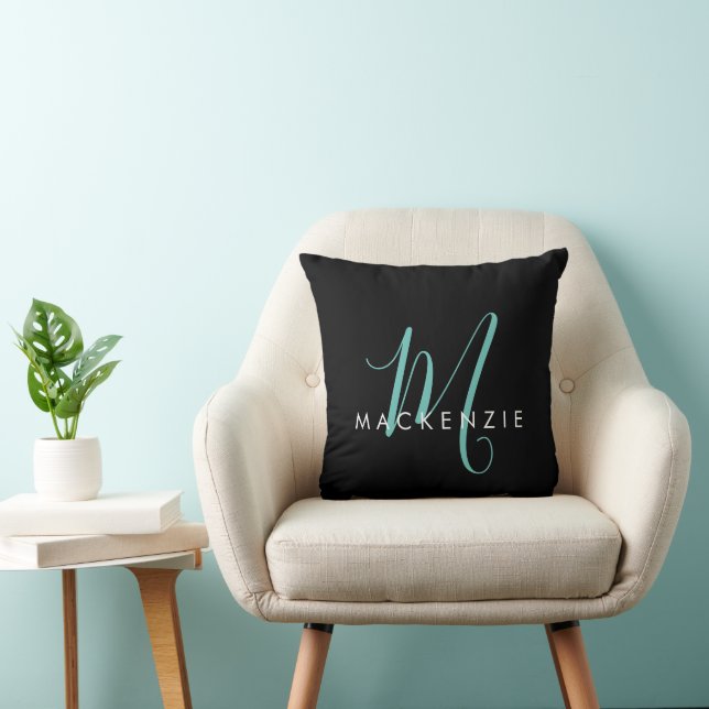 Elegant Modern Black Teal Script Monogram Kissen (Stuhl )