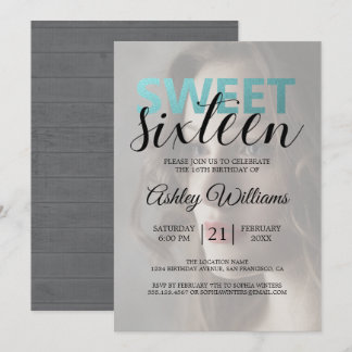 Elegant Modern Blue Foil Elegant Süß 16 Foto Einladung