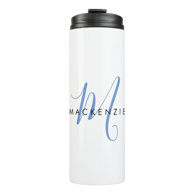 Elegant Modern Blue Script Monogram Thermosbecher (Vorderseite)