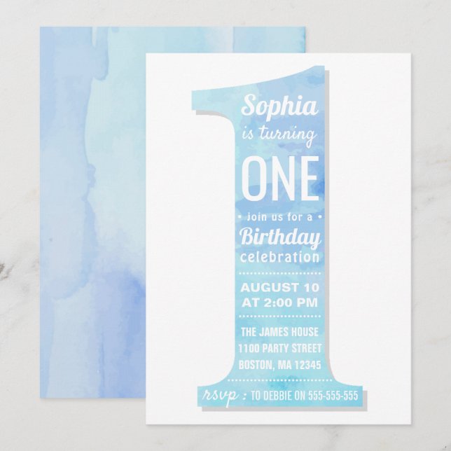 Elegant Modern Blue Watercolor Junge Erstgeburt Einladung (Vorne/Hinten)