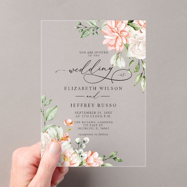 Elegant Modern Blush White Floral Wedding Acryleinladungen (Insitu (Handheld))