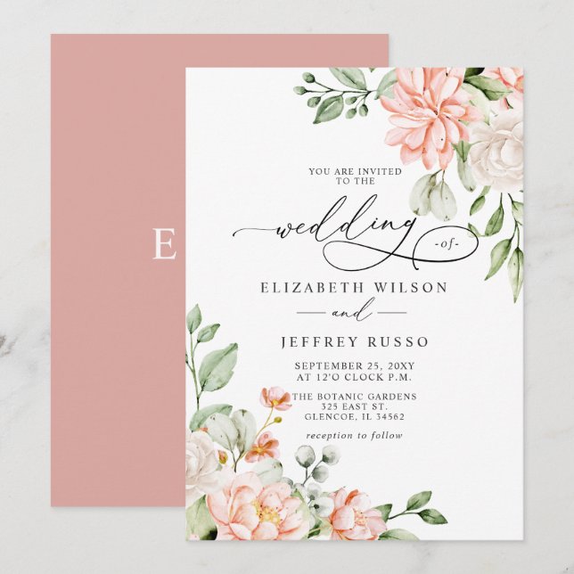 Elegant Modern Blush White Floral Wedding Einladung (Vorne/Hinten)