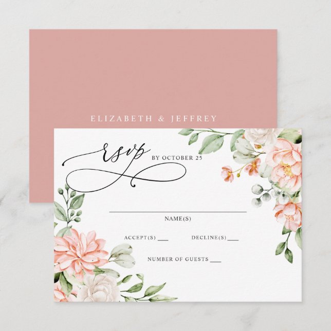Elegant Modern Botanical Blush Floral Wedding RSVP Karte (Vorne/Hinten)