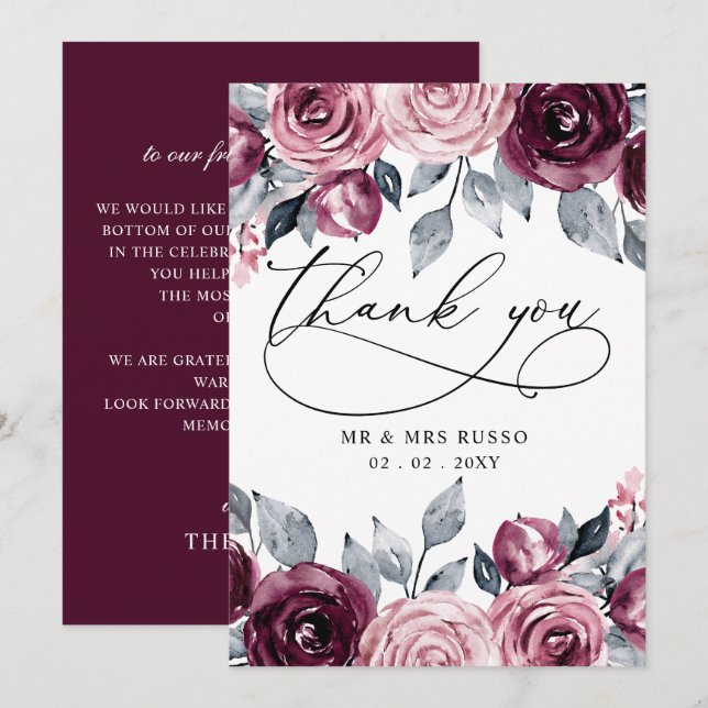 Elegant Modern Botanical Burgundy Floral Wedding Dankeskarte (Vorne/Hinten)