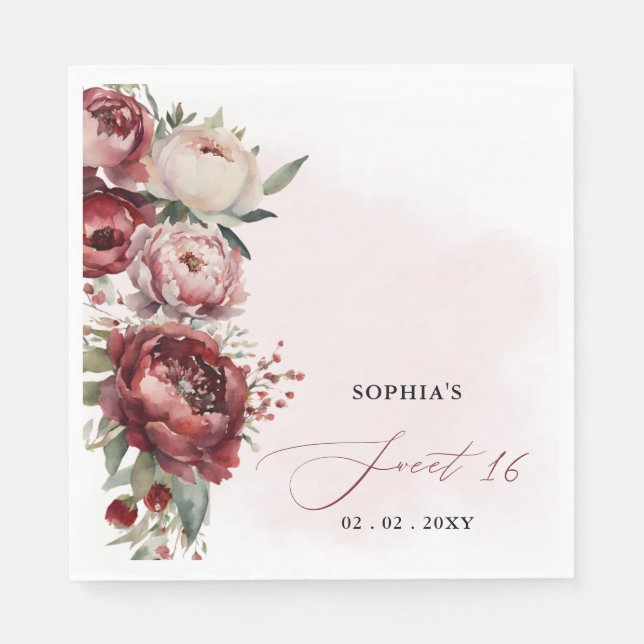 Elegant Modern Burgundy Blush Bloral Sweet 16 Serviette (Vorderseite)