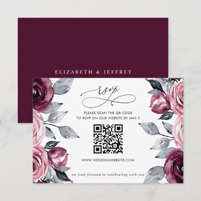 Elegant Modern Burgundy Floral QR CODE RSVP Karte (Vorne/Hinten)