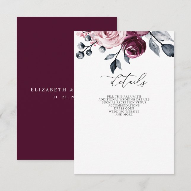 Elegant Modern Burgundy Floral Wedding Begleitkarte (Vorne/Hinten)