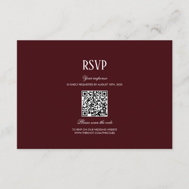 Elegant Modern Burgundy Wedding QR Code RSVP Begleitkarte (Vorderseite)