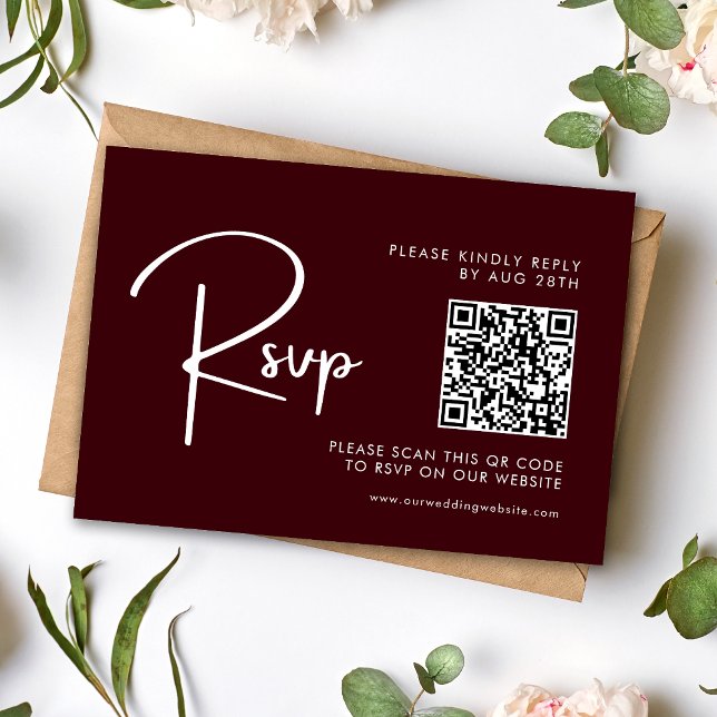 Elegant & Modern Burgundy Wedding QR Code RSVP Karte (Von Creator hochgeladen)