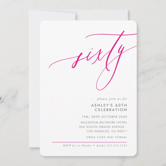 ELEGANT modern Calligraphy 60th party hot pink Einladung (Vorderseite)