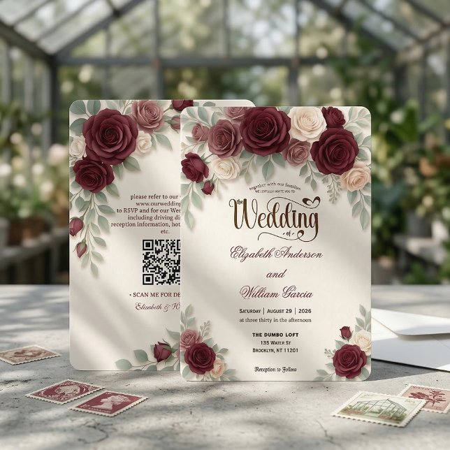 Elegant Modern Calligraphy Burgundy Rose QR Code Einladung (Von Creator hochgeladen)