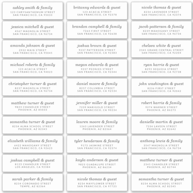 Elegant Modern Chic Wedding Guest Names Adresse Aufkleber (Vorderseite)
