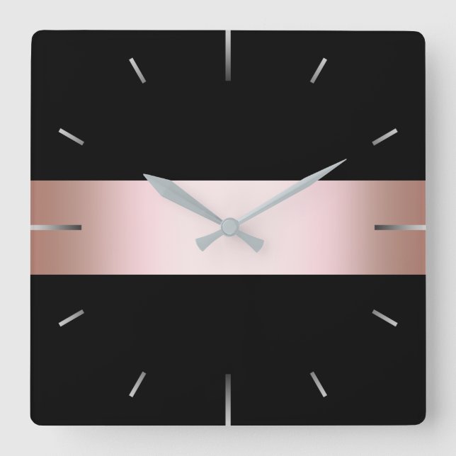 Elegant modern chick rose gold & black strip quadratische wanduhr (Vorderseite)