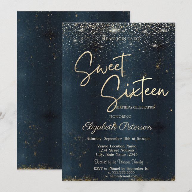 Elegant Modern Confetti Dark Blue Sweet 16 Einladung (Vorne/Hinten)