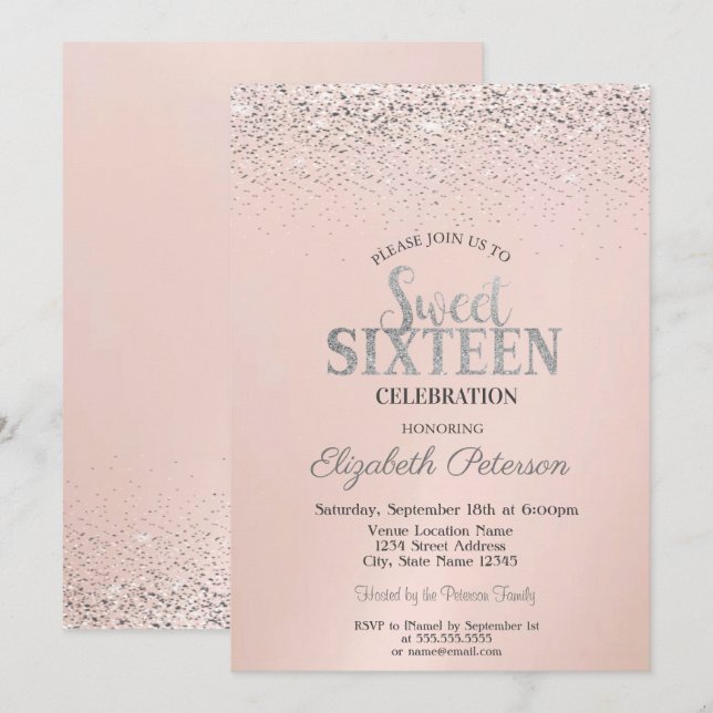 Elegant Modern Confetti Sweet 16 Einladung (Vorne/Hinten)