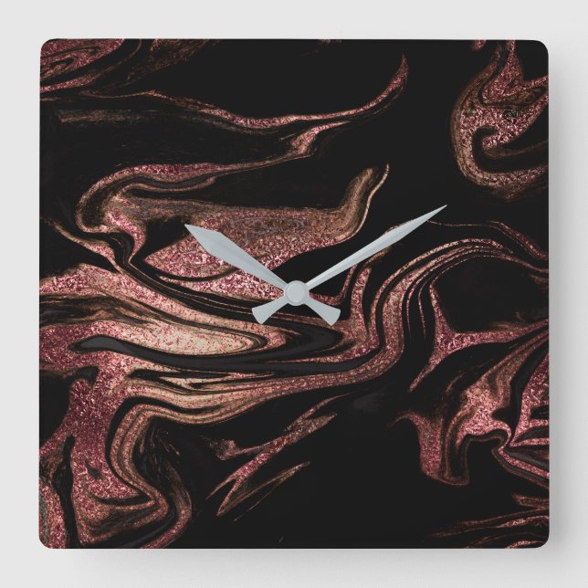 Elegant modern copper rose gold black marble look quadratische wanduhr (Vorderseite)