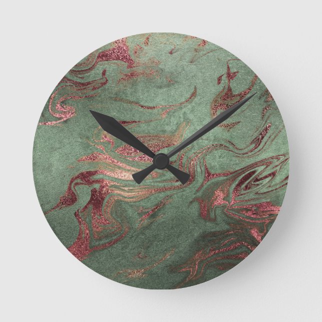 Elegant modern copper rose gold green marble look runde wanduhr (Vorderseite)