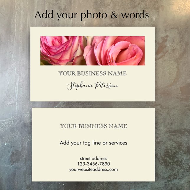 Elegant Modern Cream Custom Floral Photo Template  Visitenkarte (Add your own photo and business contact details. This custom cream simple elegant business card.
)