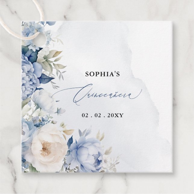 Elegant Modern Dusty Blue Floral Quinceñera Geschenkanhänger (Vorderseite)