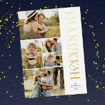 Elegant Modern Five Photo Collage Hanukkah Folien Feiertagskarte<br><div class="desc">Send stylish Hanukkah greetings with these beautiful 5 photo collage flat cards! They feature five photo templates on the left of the card, with elegant, modern typography on the right, reading "Happy Hanukkah" in real foil (available in gold, rose gold, and silver). The back of the card contains simple diagonal...</div>