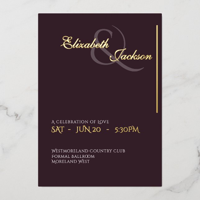 Elegant Modern Formal Plum Noir Wedding Gold Folieneinladung (Vorderseite)