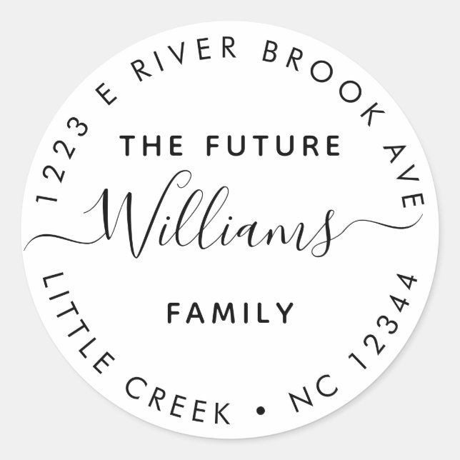 Elegant Modern Future Mr. and Mrs Address Label Runder Aufkleber (Vorderseite)