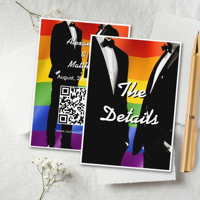 Elegant Modern Gay Men Wedding Rainbow QR Code Begleitkarte (Von Creator hochgeladen)
