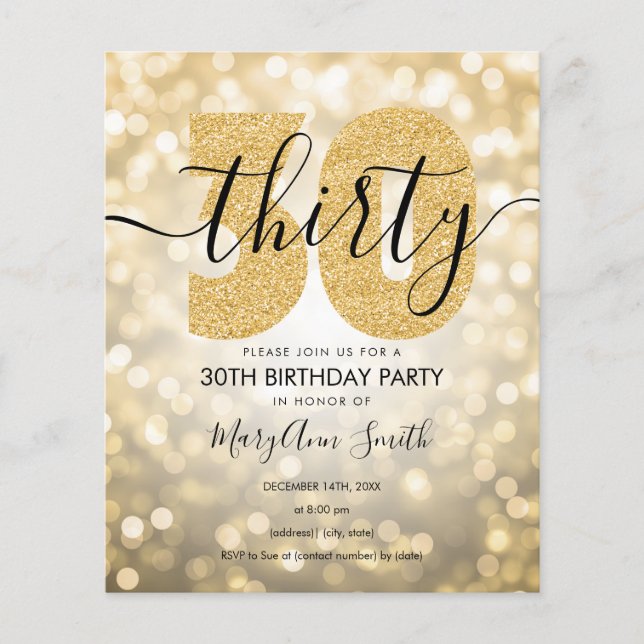 Elegant Modern Gold 30. Geburtstag Party laden ein (Vorderseite)