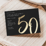 Elegant Modern Gold 50. Geburtstag Einladungspostkarte<br><div class="desc">Moderne minimalistische 50. Geburtstagsfeier Einladung mit stilvollen Imitate Gold-Folie Nummer handschriftlich Drehbuch 50 und Ihr Party Details in klassischen Serif-Schriftart auf schwarzem Hintergrund,  einfach und elegant,  große Überraschung Erwachsenenstein Geburtstagseinladung für Männer und Frauen. Die schwarze Hintergrundfarbe kann in jede beliebige Farbe geändert werden.</div>