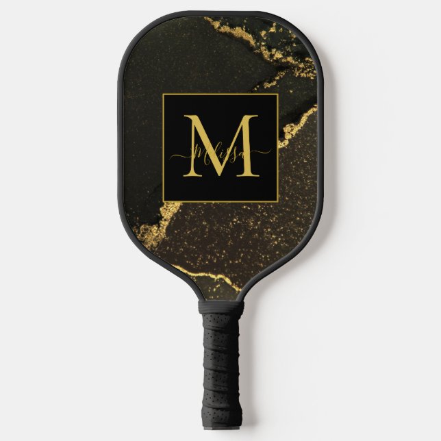 Elegant Modern Gold and Black Marbled Monogram Pickleball Schläger (Vorderseite)