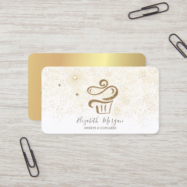 Elegant Modern Gold Confetti Cupcake Visitenkarte (Vorderseite/Rückseite Beispiel)