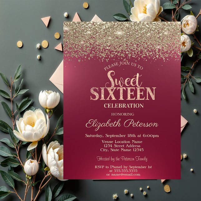 Elegant Modern Gold Confetti Diamonds Red Sweet 16 Einladung (Von Creator hochgeladen)