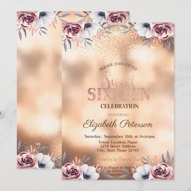 Elegant Modern Gold Confetti, Rose Sweet 16 Einladung (Vorne/Hinten)