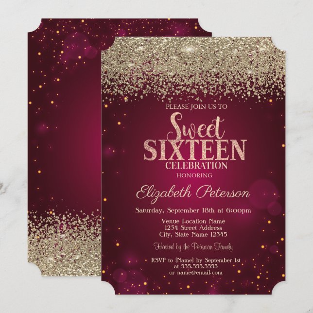 Elegant Modern Gold Diamonds Red Sweet 16 Einladung (Vorne/Hinten)