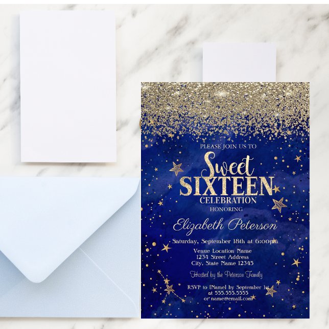 Elegant Modern Gold Diamonds Stars Blue Sweet 16 Einladung (Von Creator hochgeladen)
