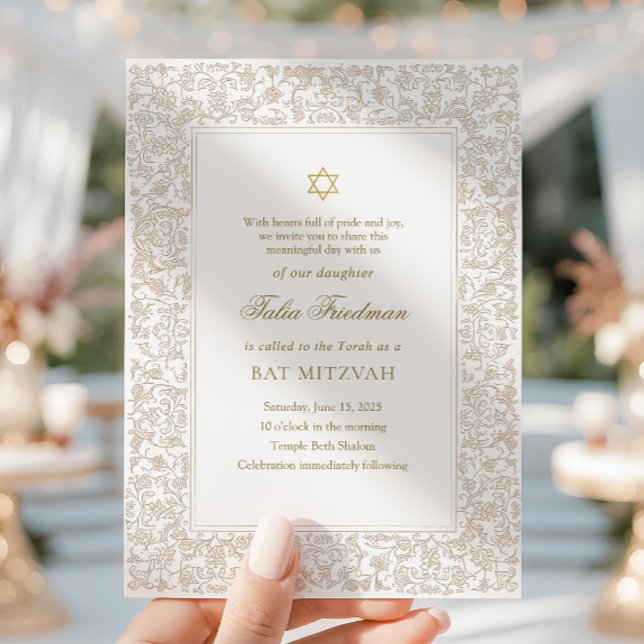 Elegant Modern Gold Floral Bat Mitzvah  Einladung (Von Creator hochgeladen)