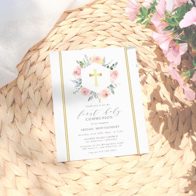 Elegant & modern Gold Floral Erste Heilige Kommune Einladungspostkarte (Von Creator hochgeladen)