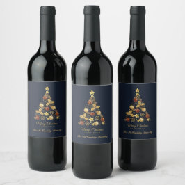 Elegant Modern Gold Merry Christmas Tree Design Weinetikett