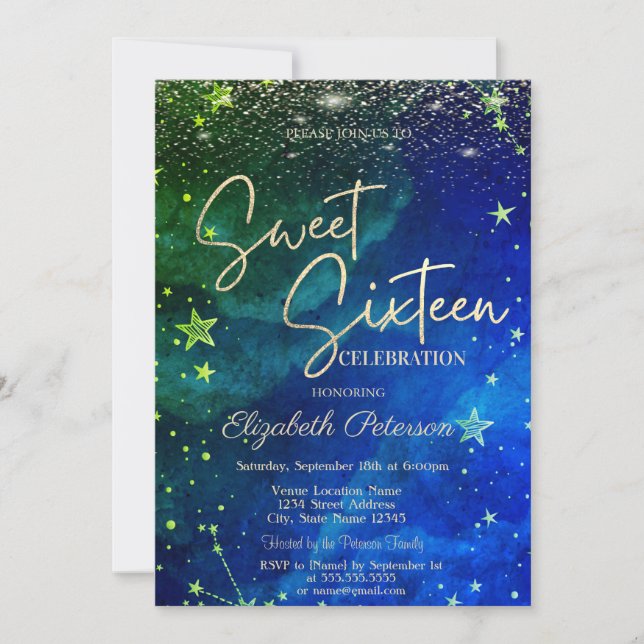 Elegant Modern Gold Stars Blue Green Sweet 16 Einladung (Vorderseite)