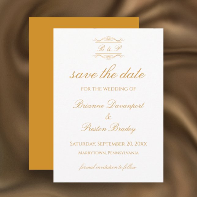 Elegant Modern Gold Whimsical Monogram Wedding Save The Date (Customize this simple elegant gold script save the date wedding invitation template with monogram.)