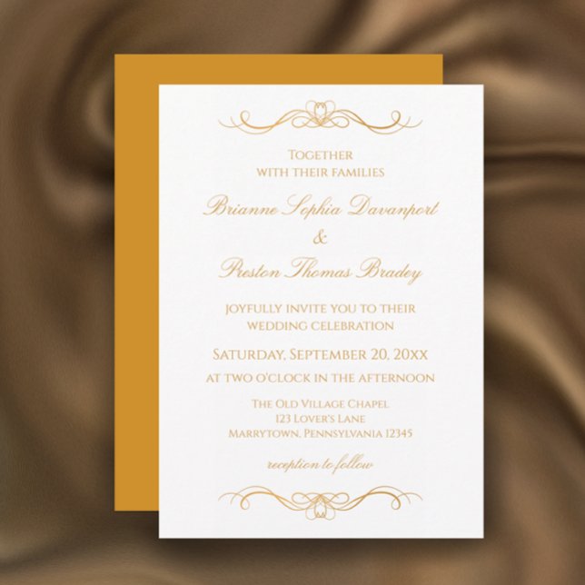 Elegant Modern Gold & White Custom Script Wedding Einladung (Personalize this unique elegant gold and white wedding invitation template. Whimsical modern script.)